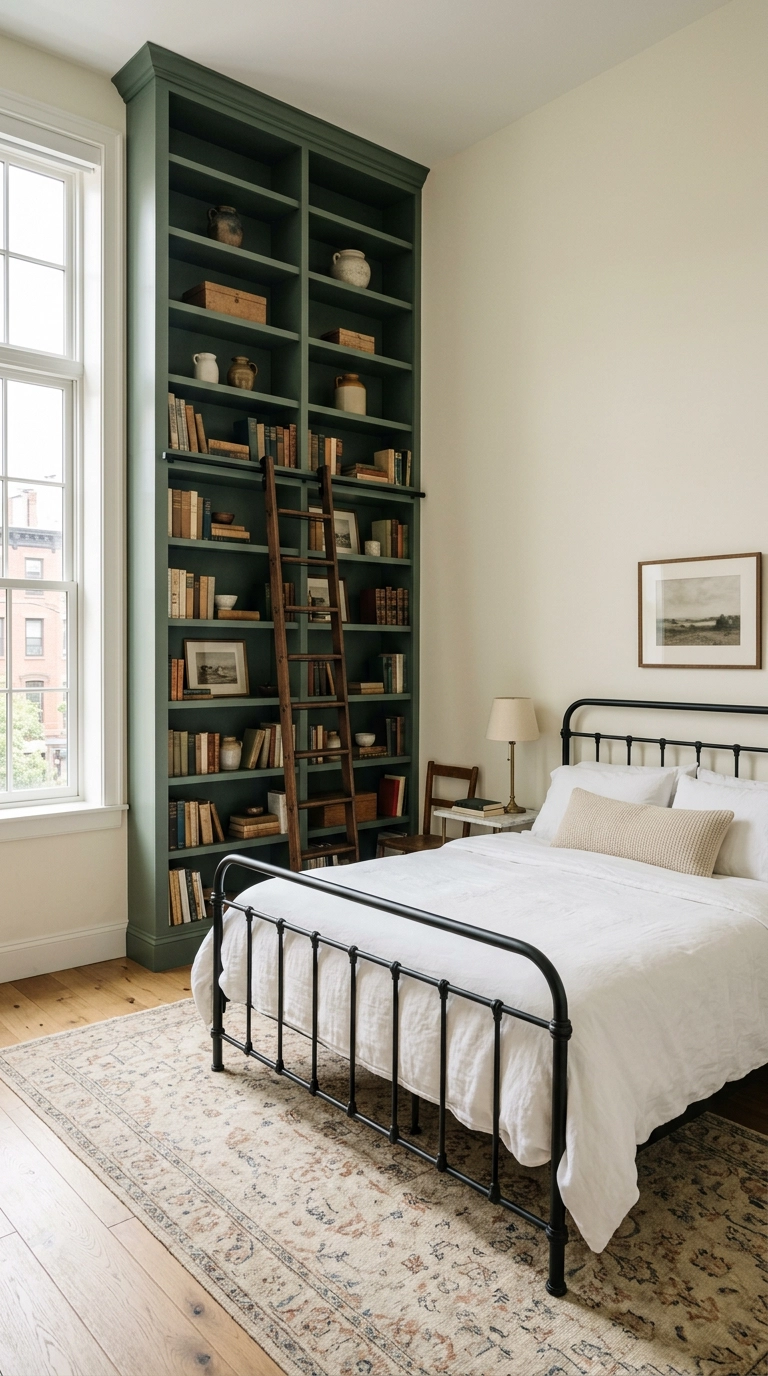 Floor-to-ceiling green built-in bookcase with a leaning ladder in a twelve-foot bedroom