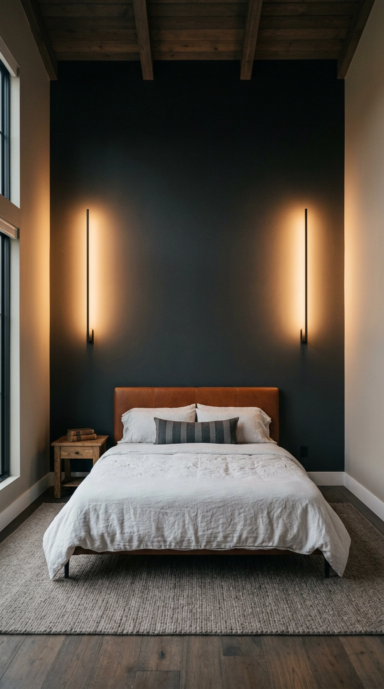 Tall linear sconces washing light up a thirteen-foot bedroom wall beside the bed