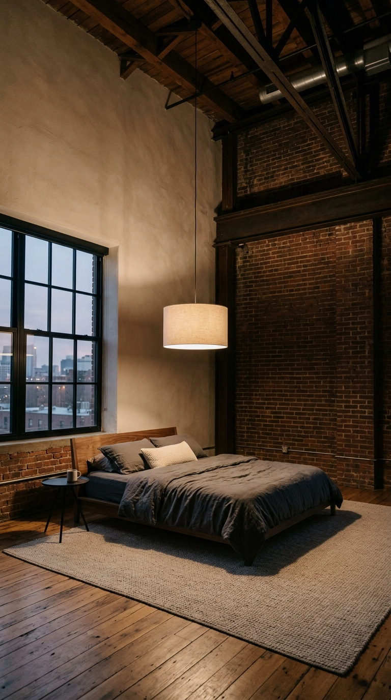 Large linen drum pendant hung low in an eighteen-foot double-height loft bedroom