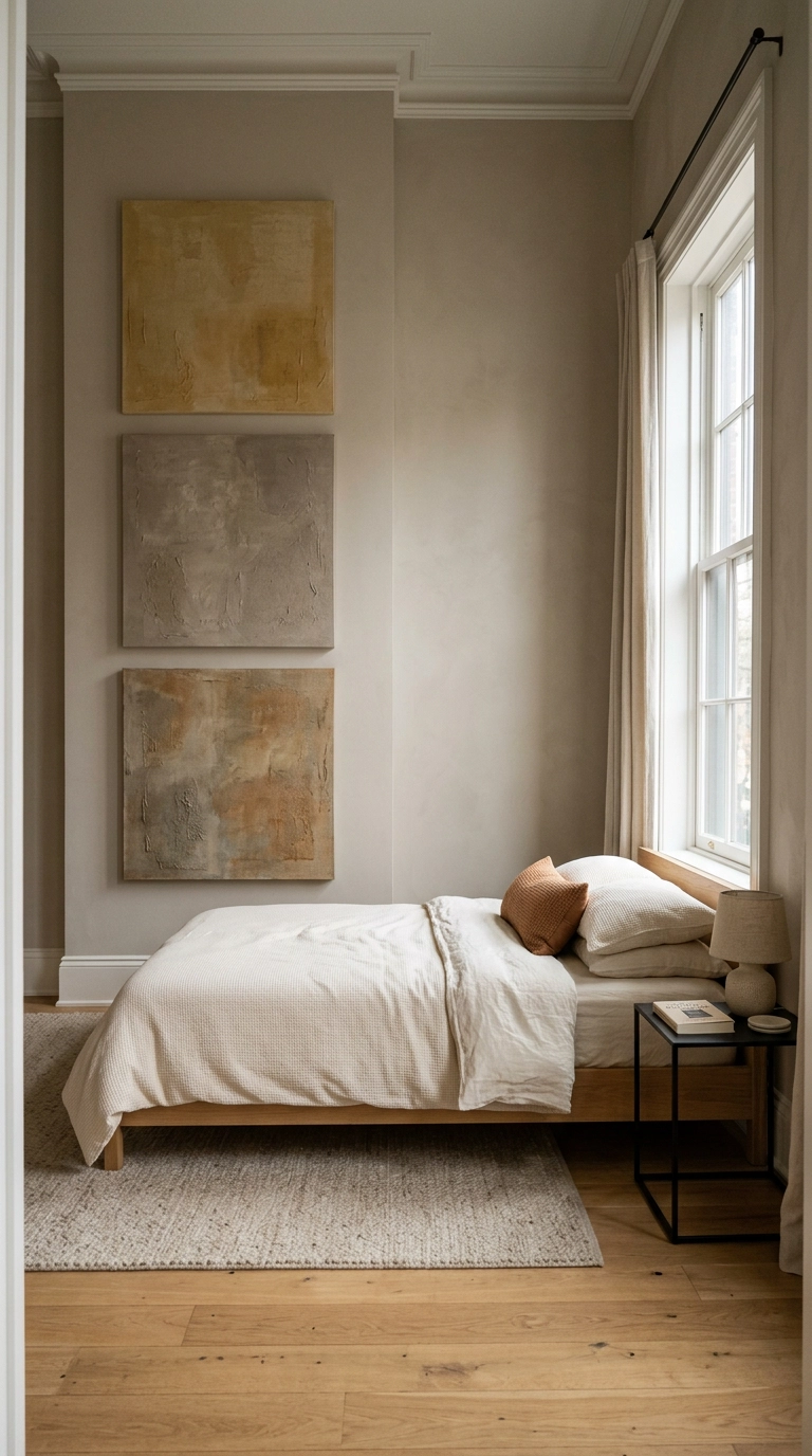 Three abstract canvases stacked vertically up a fourteen-foot bedroom wall