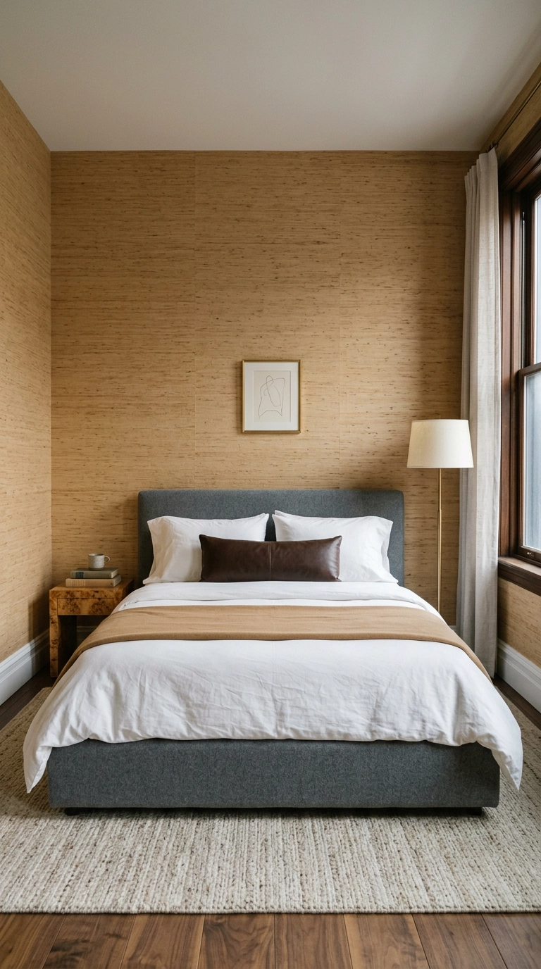 Eleven-foot bedroom walls covered in warm honey grasscloth wallpaper behind a low bed