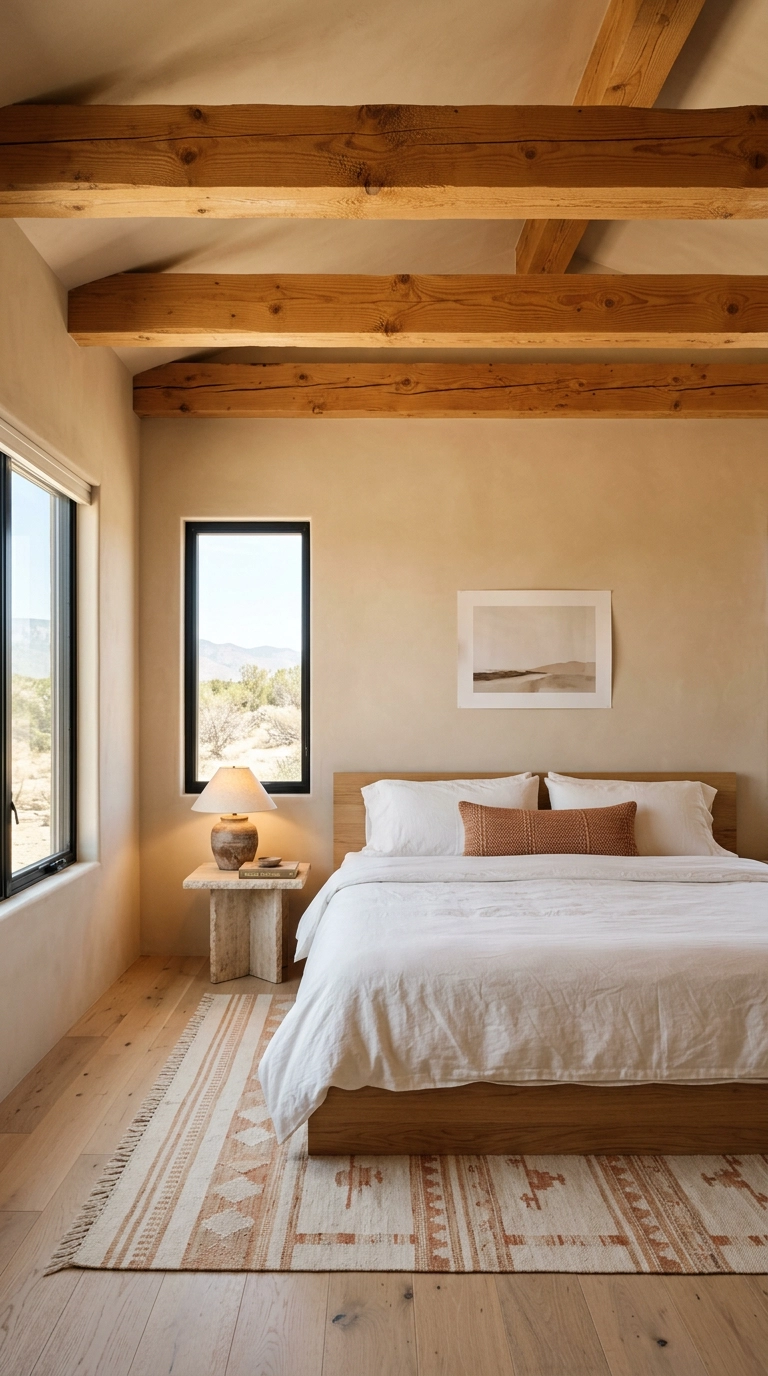 Three honey-stained wood beams crossing a fourteen-foot vaulted bedroom ceiling