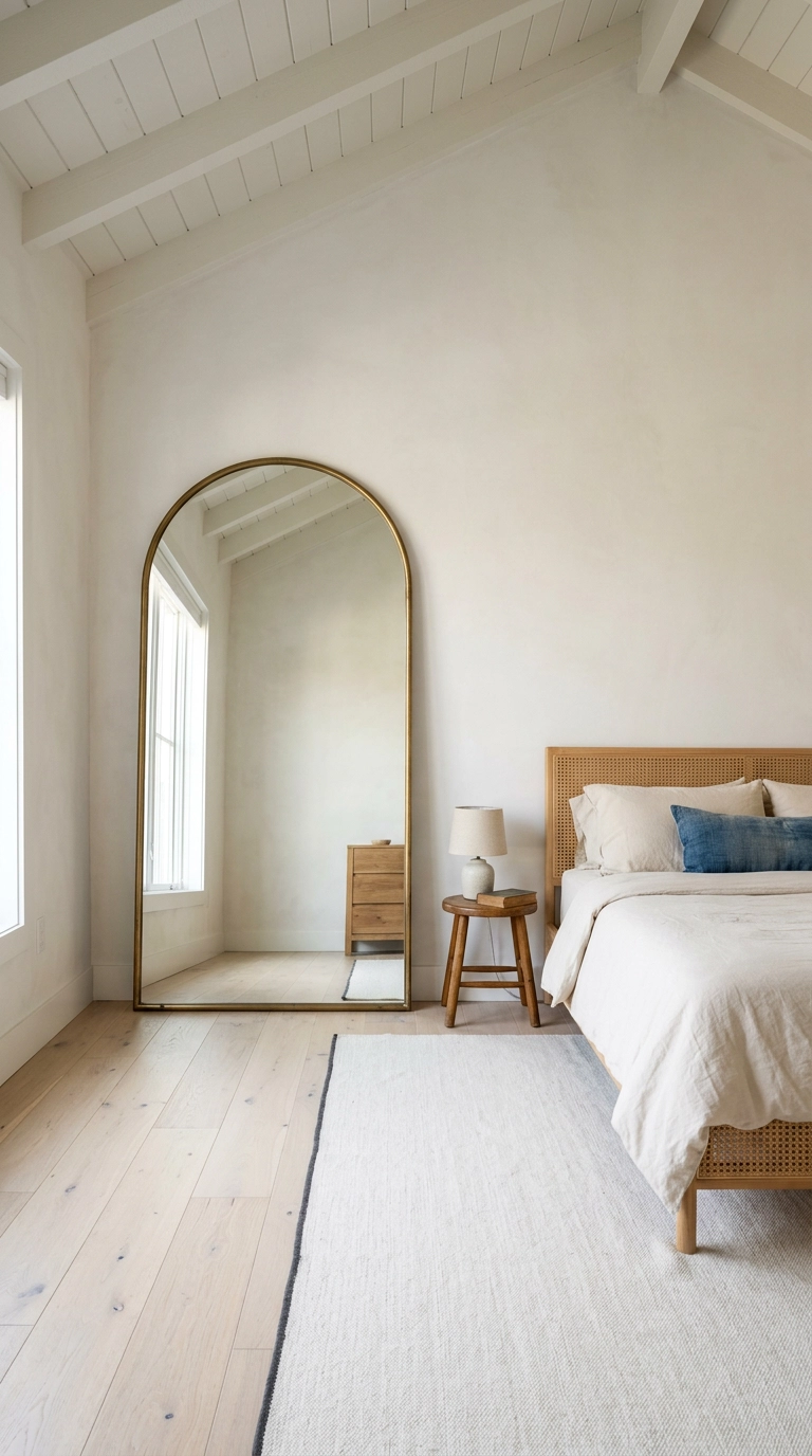 Oversized arched leaning mirror against a thirteen-foot vaulted bedroom wall