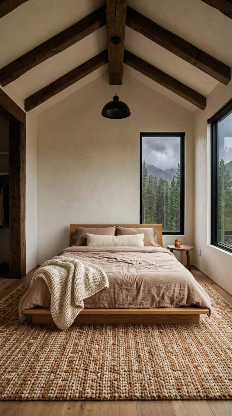 Oversized caramel wool rug softening a fifteen-foot vaulted bedroom