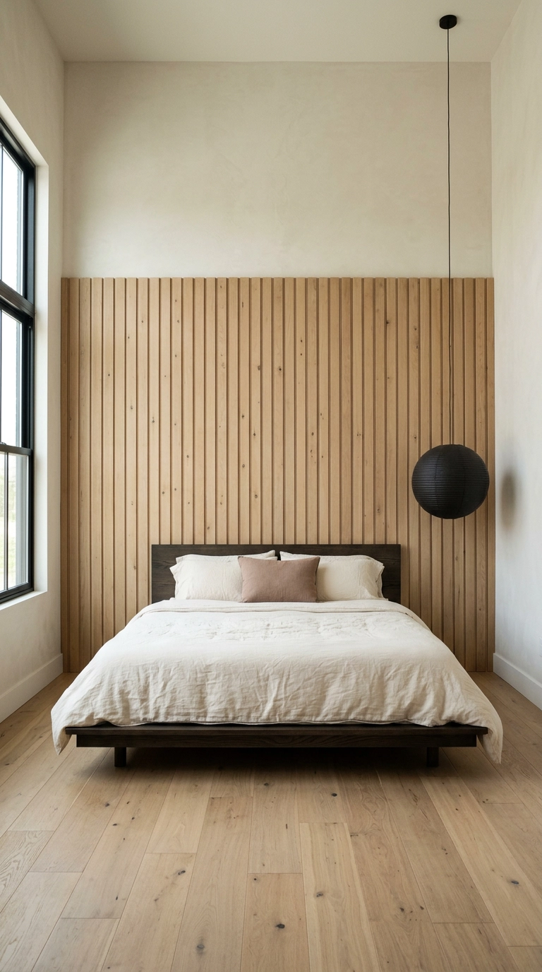 Twelve-foot bedroom wall clad in floor-to-ceiling white oak slats behind a low bed