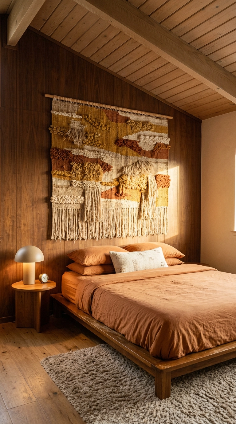 Large woven wool wall hanging in mustard and rust above a bed on a paneled wall