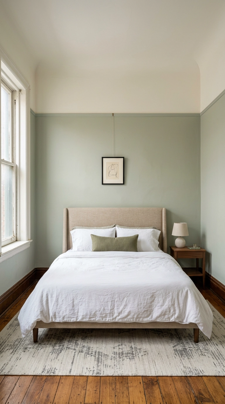 Bedroom with picture rail molding dividing an eleven-foot wall into two painted bands