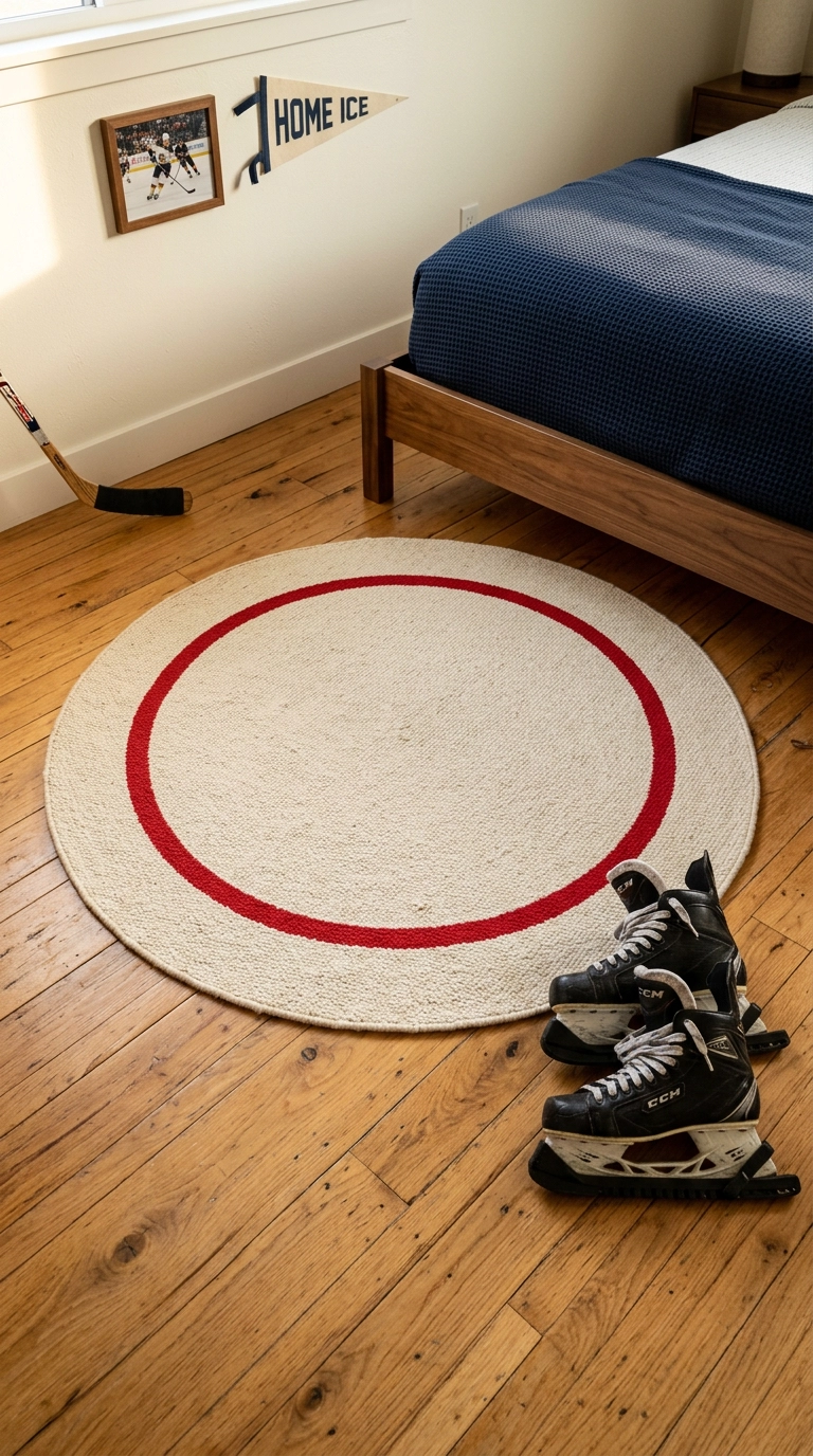 Round cream rug with a red face-off circle stripe on oak floors in a hockey bedroom
