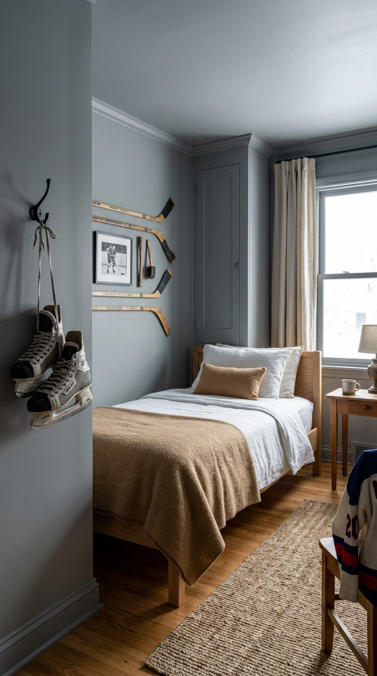 Small bedroom color drenched in steel grey with an oak bed and camel wool blanket