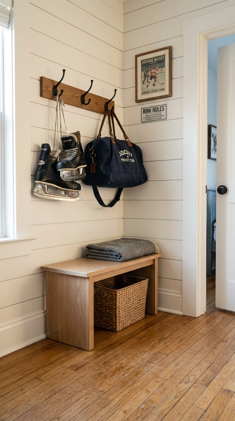 Black iron hooks holding skates and a duffel bag above a bench in a hockey bedroom