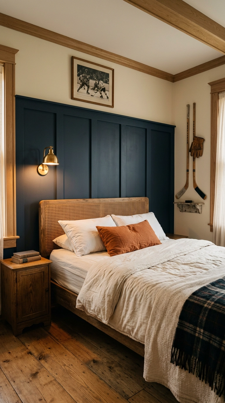 Deep navy board and batten wall behind a cane headboard bed with a brass sconce