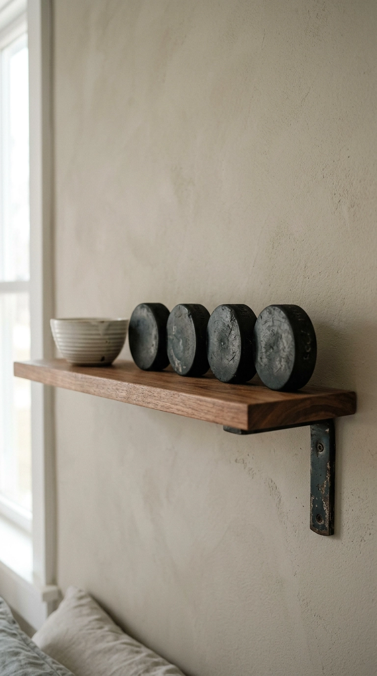 Walnut picture ledge shelf on a greige wall displaying four hockey pucks on edge