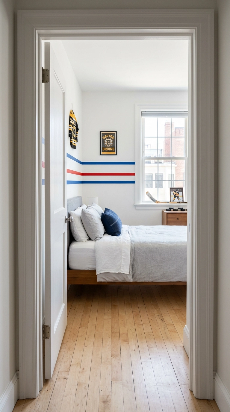 White bedroom wall with red and blue rink line stripes behind a twin bed