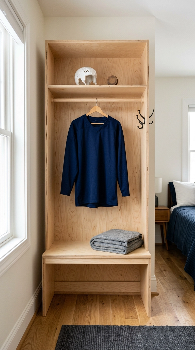 Birch plywood locker room stall built-in with a bench, hooks, and hanging jersey