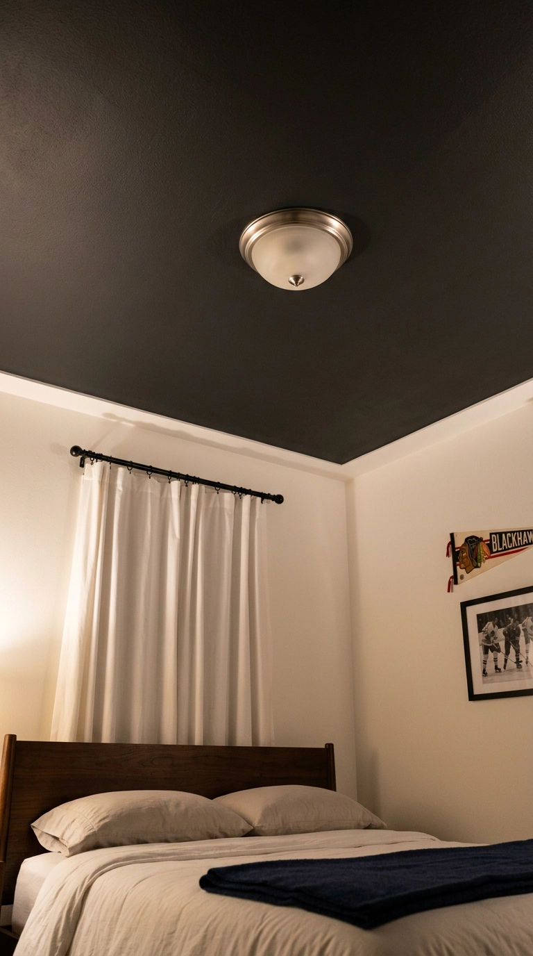 Deep charcoal painted bedroom ceiling with a simple flush dome light fixture