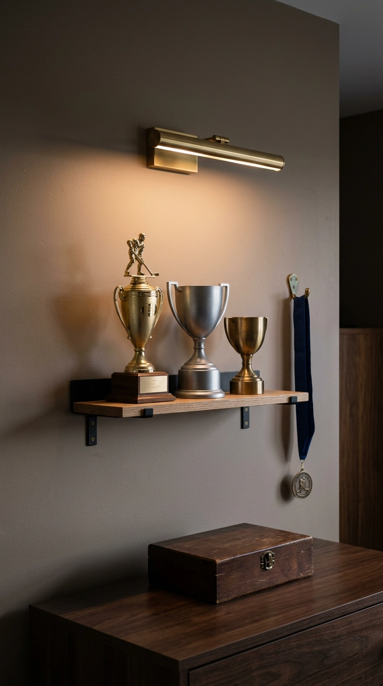 Three hockey trophies and a medal on a slim ledge lit by a brass picture light