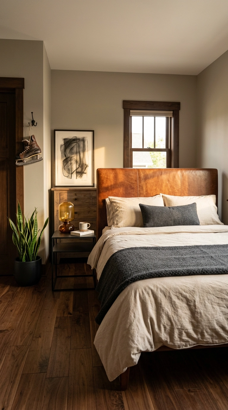 Teen hockey bedroom with a cognac leather headboard, charcoal wool, and vintage skates