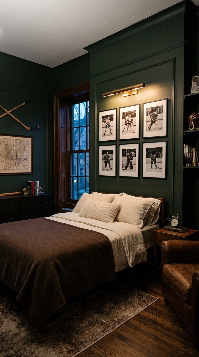 Grid of black and white hockey photographs on a hunter green wall with a brass picture light