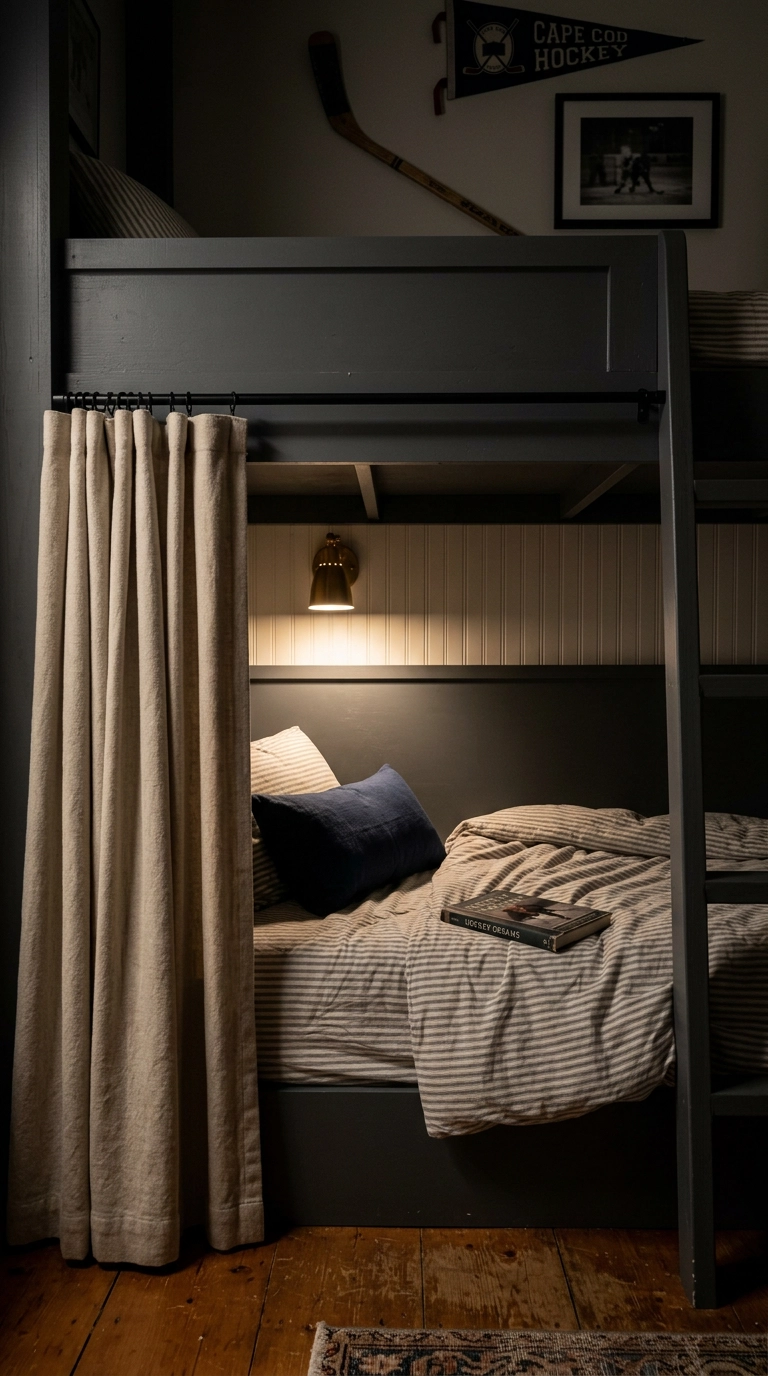 Lower bunk nook with a drawn oatmeal curtain and a warm brass reading sconce