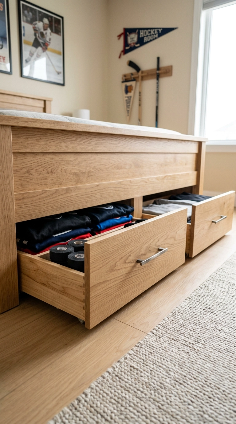 Rolling oak storage drawers pulled out from under a platform bed holding hockey gear