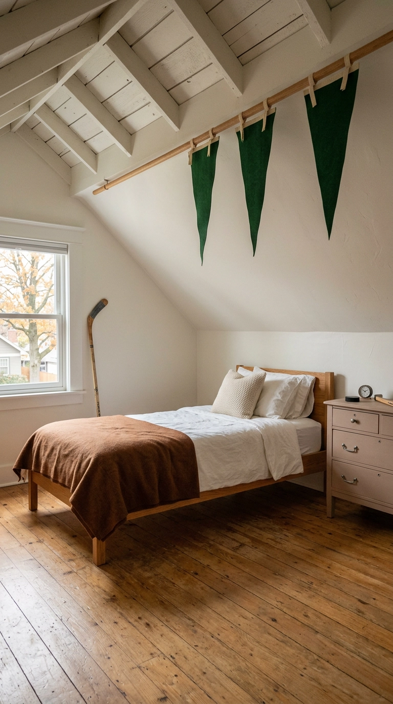Felt hockey pennants on a high oak rail in a sloped-ceiling attic bedroom