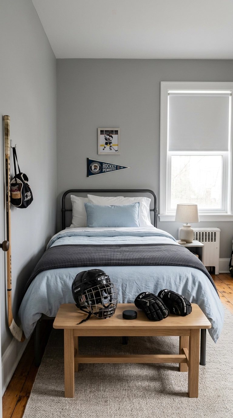 Twin bed with ice blue and charcoal hockey bedroom bedding in a small grey room