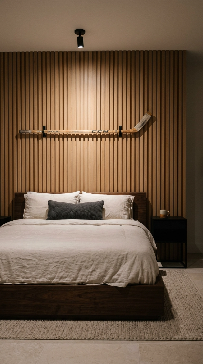 Worn wooden hockey stick mounted on a white oak slat wall above a walnut platform bed