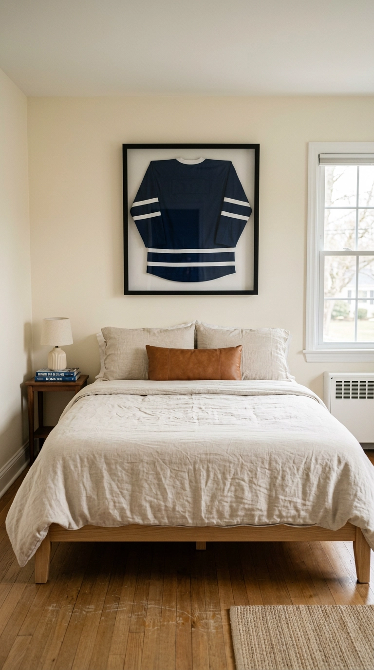 Framed navy hockey jersey in a black shadowbox above a queen bed with linen bedding