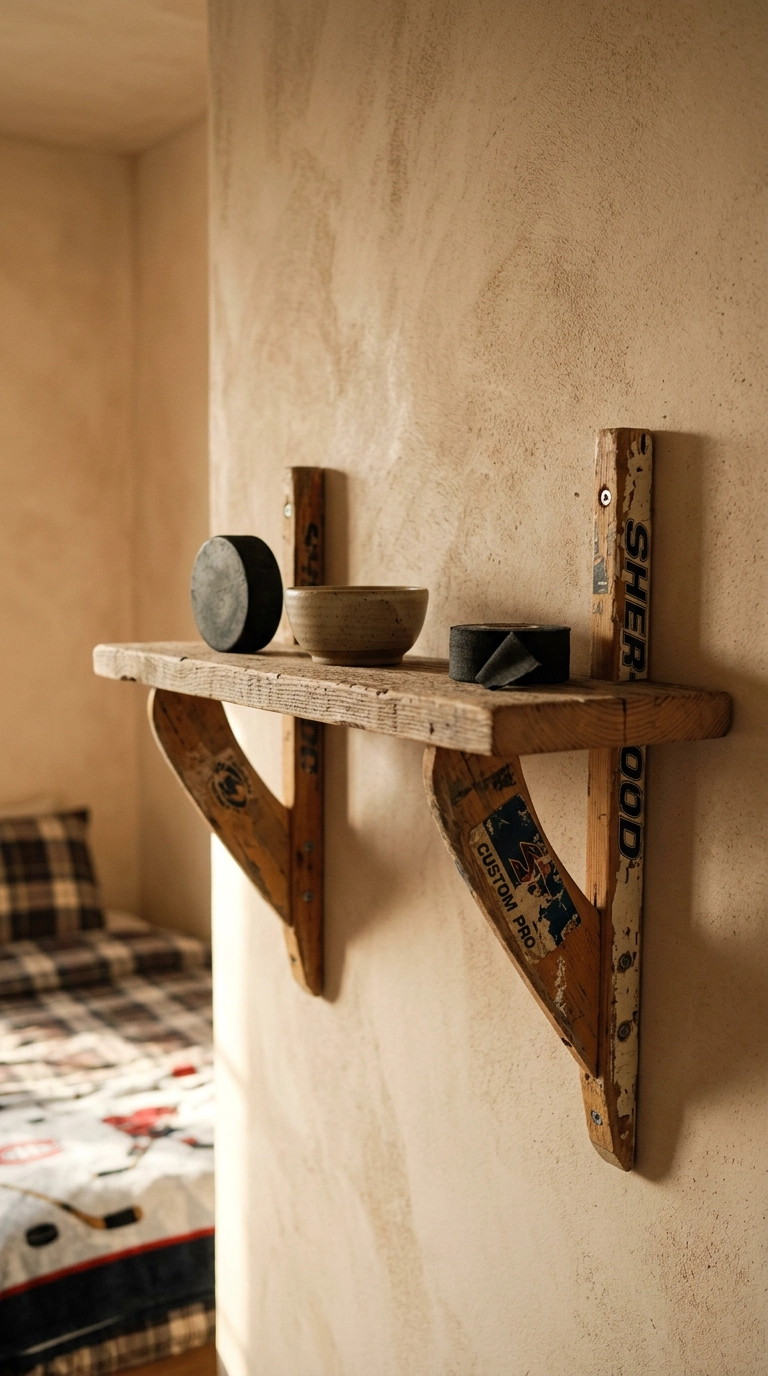 Reclaimed pine shelf held by cut hockey stick blades on a clay plaster wall