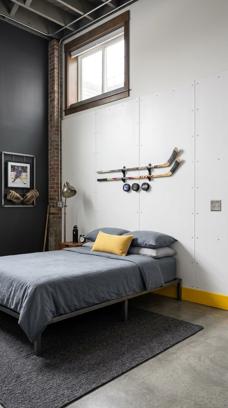 White rink dasher board panel wall with yellow kick strip in a basement hockey bedroom