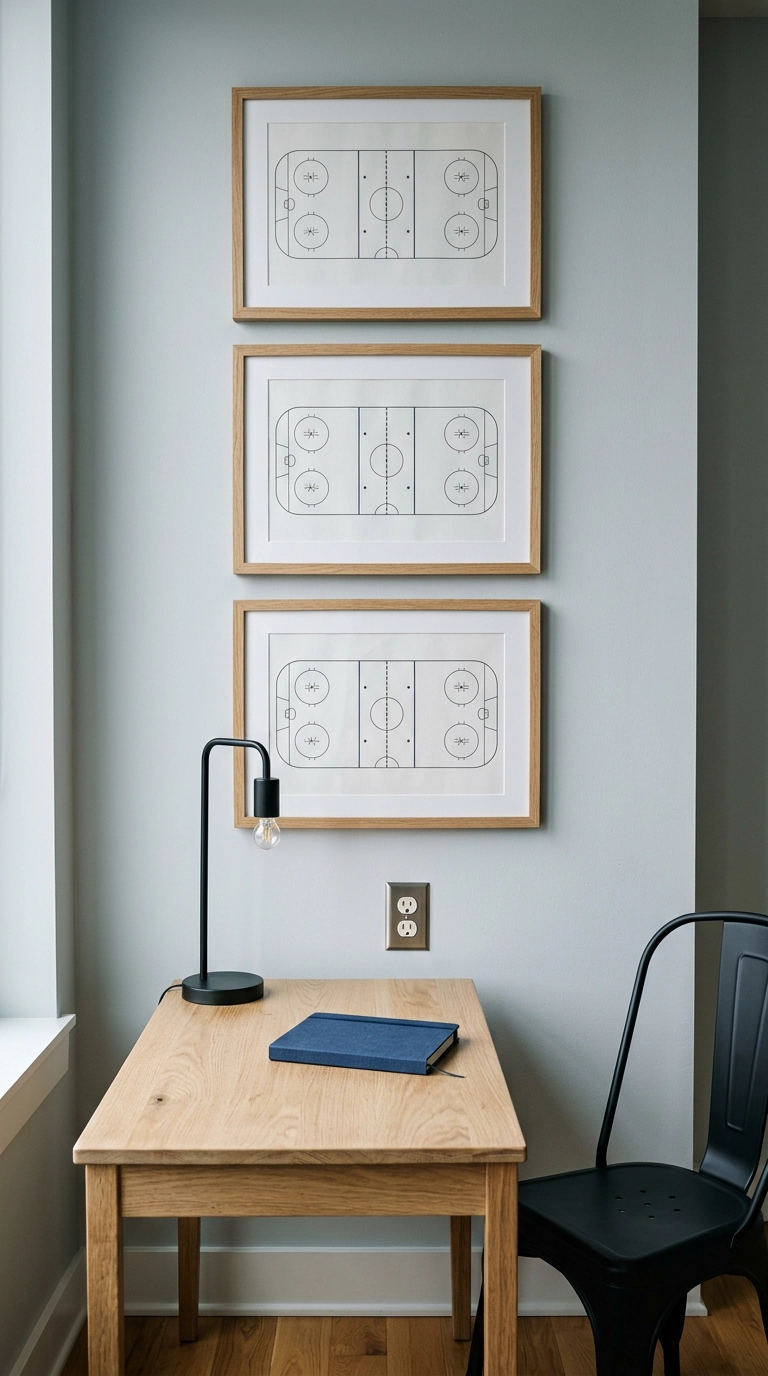 Three framed rink diagram line prints in oak frames above a small white oak desk