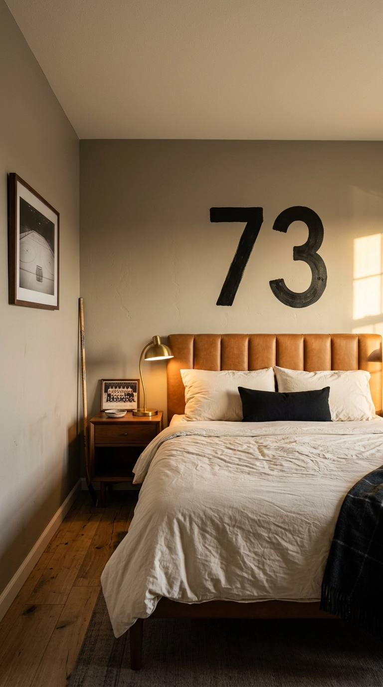 Large black jersey numeral painted above a bed with a camel leather headboard