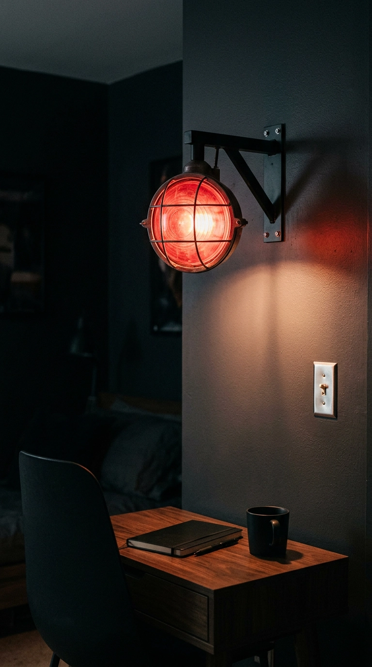 Red goal light lamp glowing on a charcoal wall above a small walnut desk