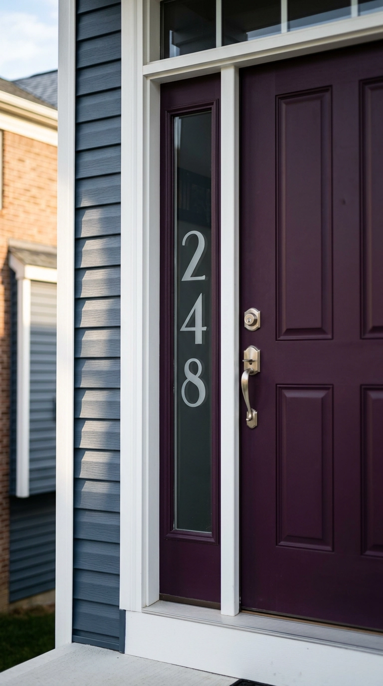 Frosted vinyl house numbers stacked vertically down a narrow sidelight window beside a purple door