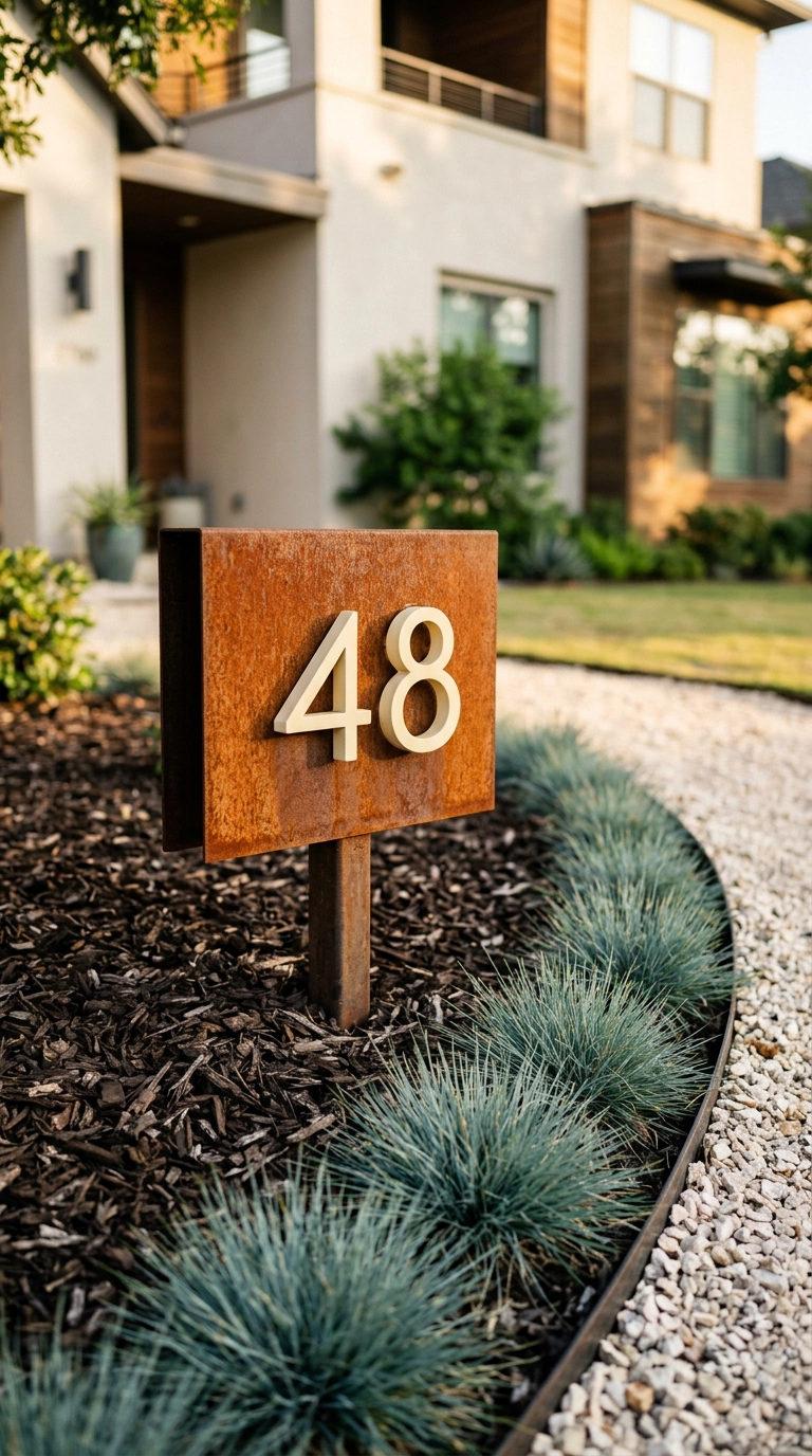 Cream house numbers on a rusted corten steel marker standing in a mulched garden bed