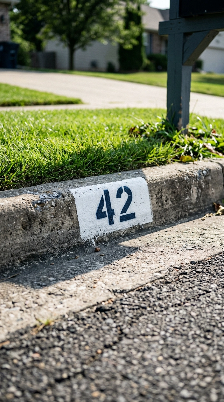 Freshly painted navy house numbers stenciled on a white block on a concrete street curb