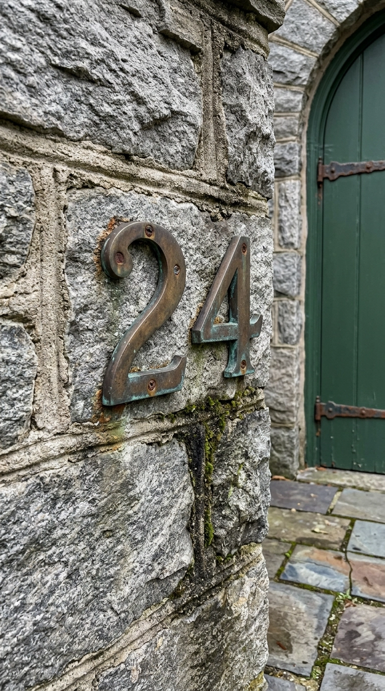Cast bronze house numbers with dark patina mounted on a rough grey fieldstone wall