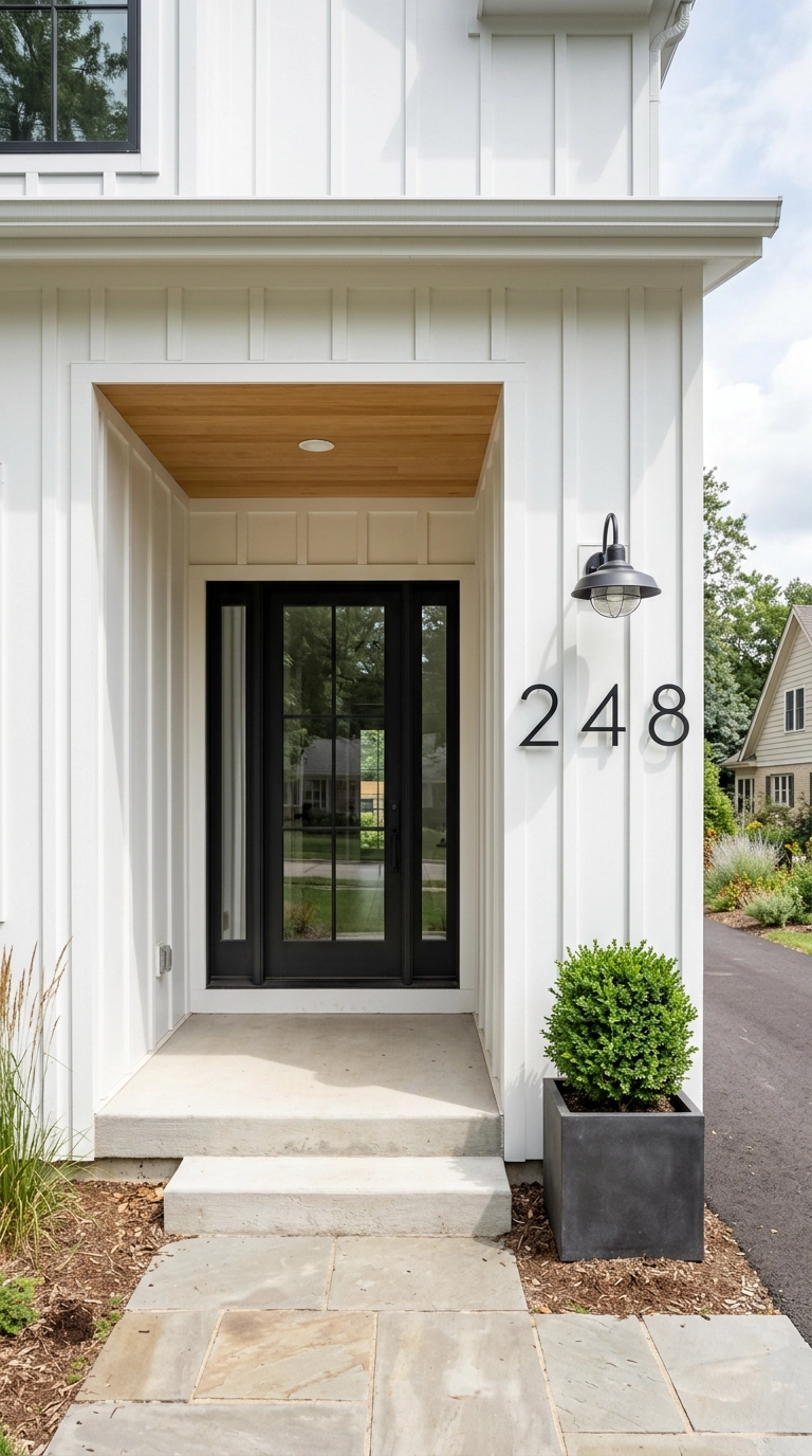 Oversized matte black house numbers floating on white board and batten siding beside a black front door