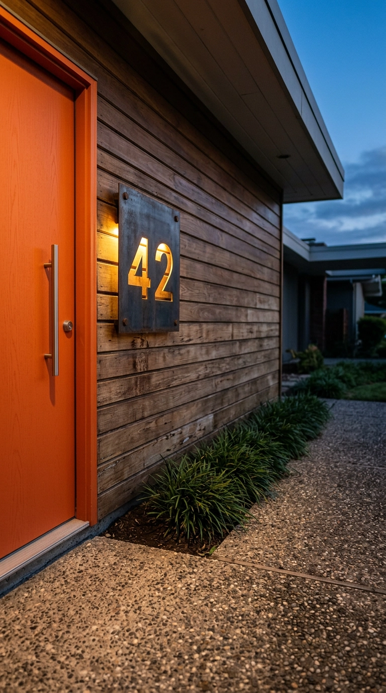 Backlit steel plate with cut-out house numbers glowing beside an orange mid-century front door