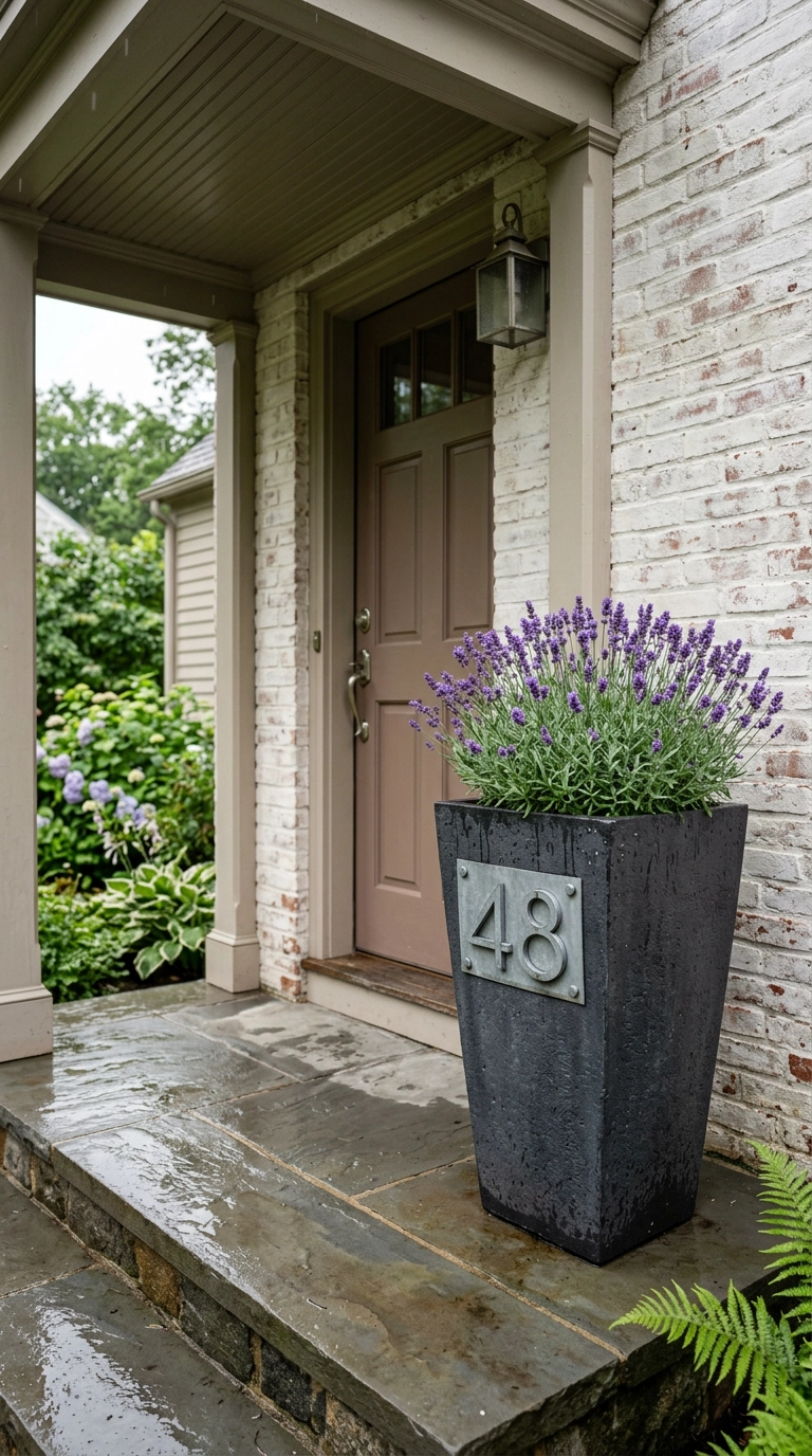 Weathered zinc house numbers bolted to a charcoal planter beside a limewashed brick entry