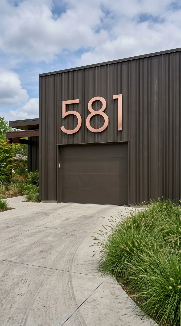 Extra-large brushed copper house numbers mounted flush on a dark bronze metal garage elevation