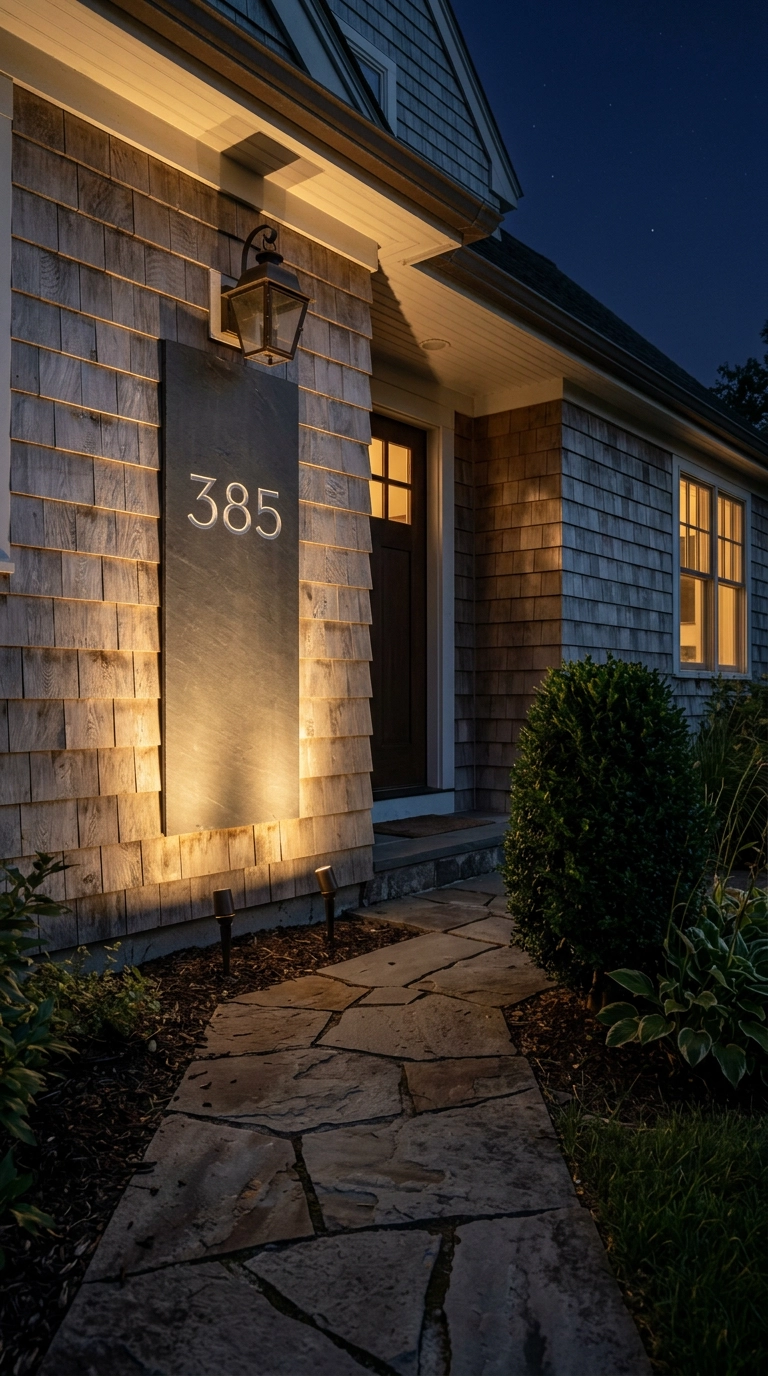 Engraved white house numbers on a charcoal slate panel lit from below by two solar spike uplights