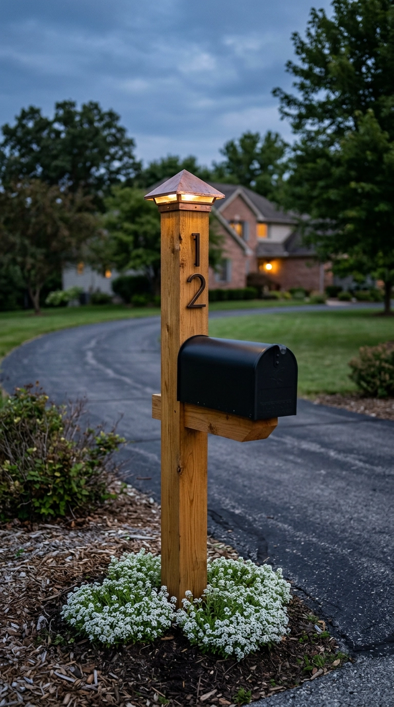 Bronze house numbers on a honey-stained cedar mailbox post topped with a small copper solar light