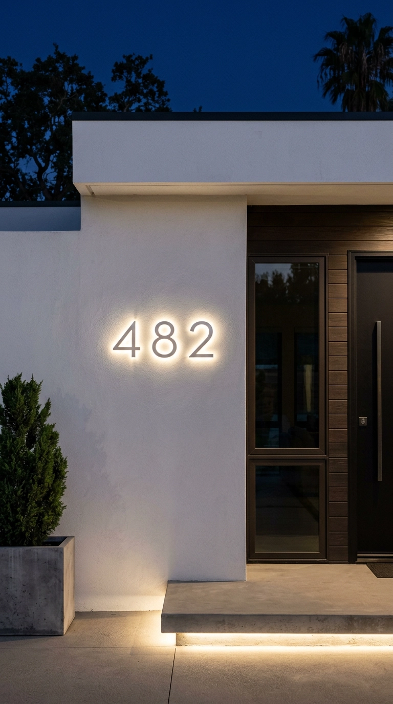 Brushed aluminum house numbers with warm LED halo backlighting glowing on a white stucco wall at night