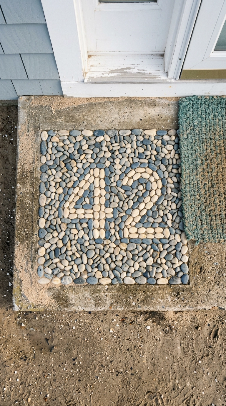 House numbers formed from cream and slate blue river pebbles set into a concrete entry landing