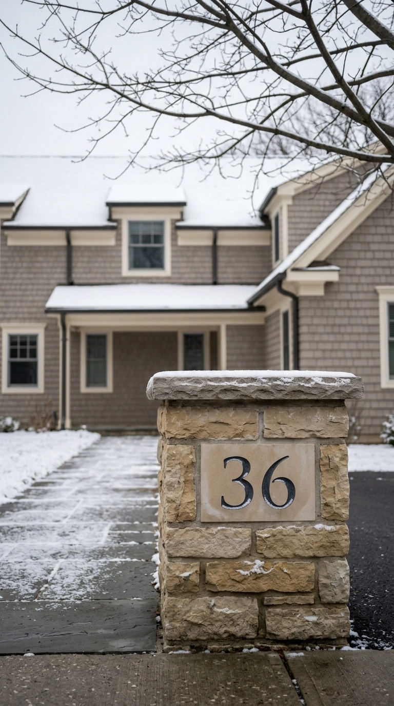 Charcoal-filled carved house numbers in a low buff limestone entry pier dusted with snow