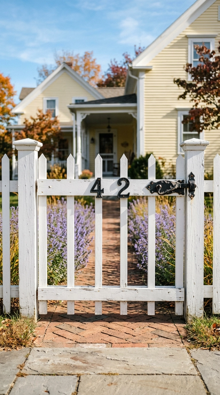 Black cast iron house numbers bolted to the top rail of a white picket garden gate