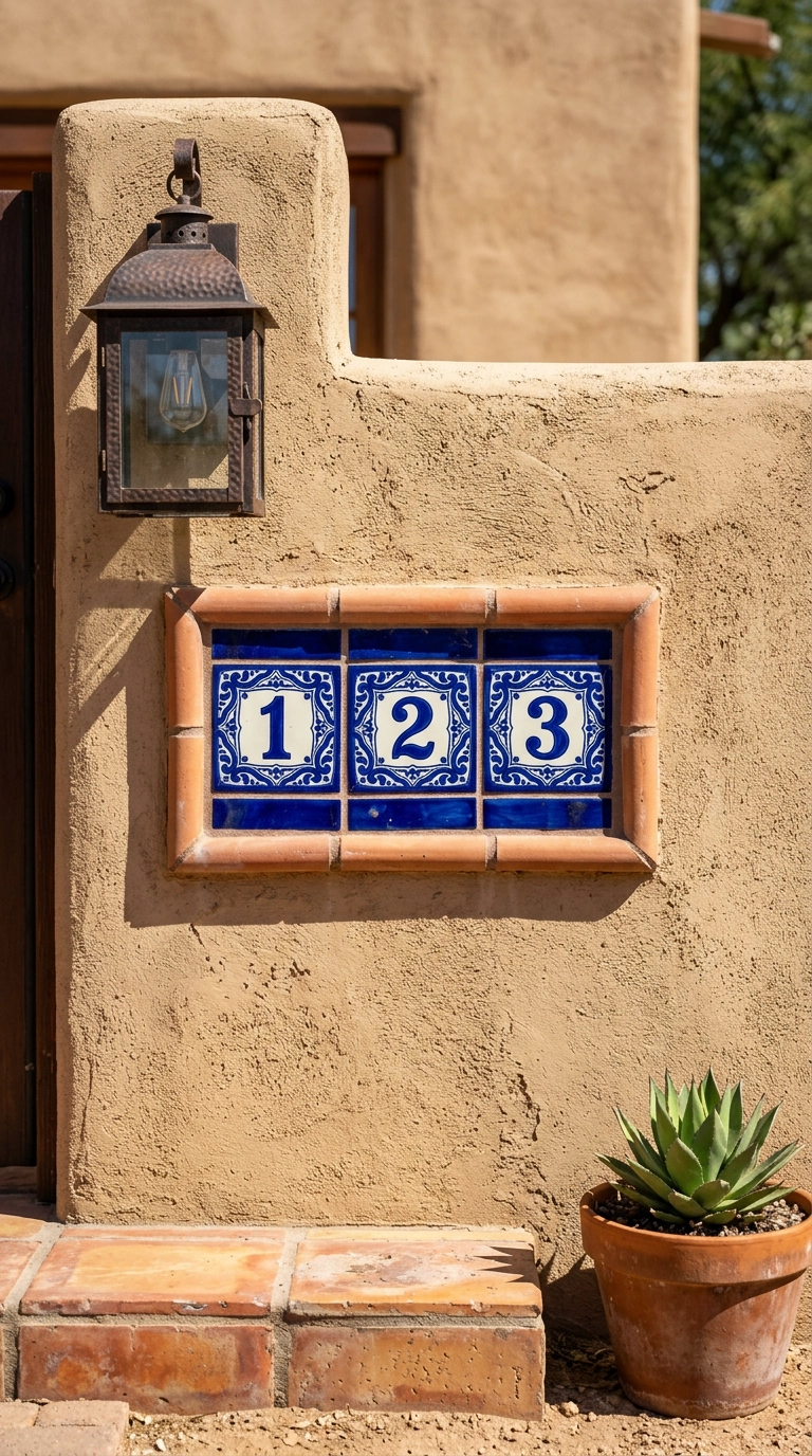 Cobalt and white hand-painted ceramic tile house numbers set into sand stucco with terracotta border