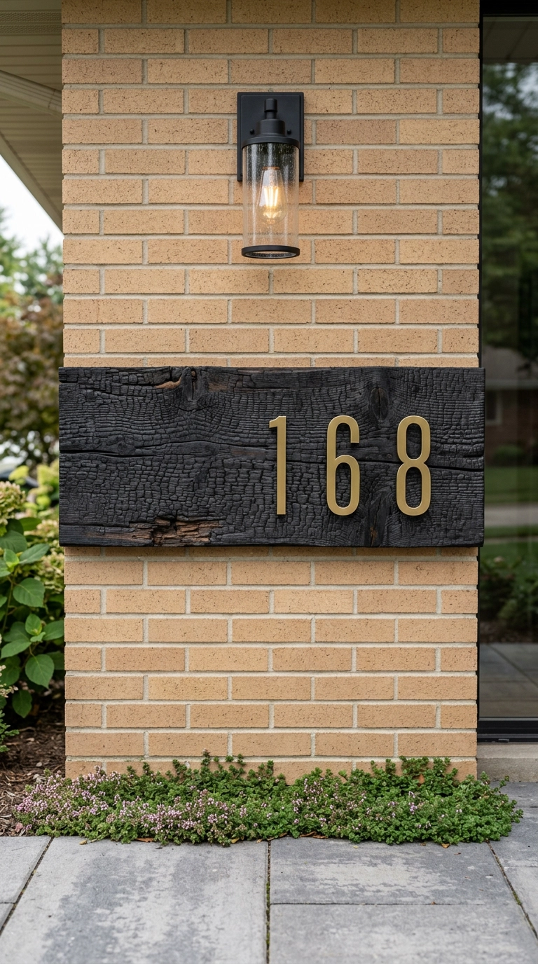 Brushed brass house numbers on a charred black wood plank mounted across buff brick