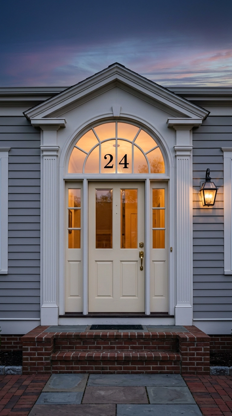 Black vinyl house numbers applied to an arched glass transom above a cream front door